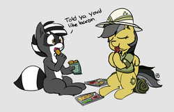 Size: 1280x829 | Tagged: safe, artist:pabbley, daring do, oc, oc:bandy cyoot, pegasus, pony, raccoon, g4, 30 minute art challenge, bacon, dialogue, food, meat, ponies eating meat, simple background