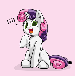 Size: 1280x1312 | Tagged: safe, artist:pabbley, sweetie belle, g4, 30 minute art challenge, chest fluff, cute, dialogue, diasweetes, female, hi, open mouth, simple background, sitting, solo