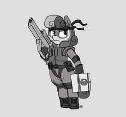 Size: 1280x1190 | Tagged: safe, artist:pabbley, bon bon, sweetie drops, earth pony, pony, g4, bipedal, crossover, female, gun, headband, metal gear, metal gear solid, monochrome, rifle, secret agent sweetie drops, solo, weapon