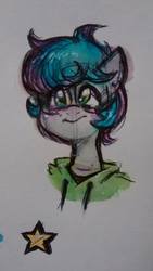 Size: 540x960 | Tagged: safe, artist:hippykat13, artist:sabokat, oc, oc only, oc:kitty sweet, clothes, cute, freckles, glasses, hoodie, scar, solo, stars, traditional art, watercolor painting