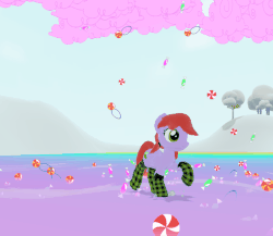 Size: 843x731 | Tagged: safe, derpibooru exclusive, screencap, oc, oc only, oc:crab apple, pony, legends of equestria, 3d, animated, candy, checkered socks, clothes, dancing, food, game, socks, solo