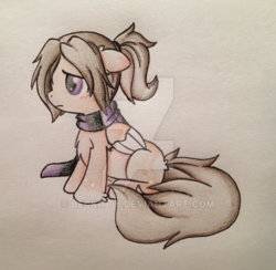 Size: 600x586 | Tagged: safe, artist:thenekozombie, oc, oc only, oc:blank canvas, pegasus, pony, clothes, female, ponytail, scarf, sitting, solo, traditional art, violet eyes, watermark
