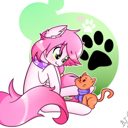 Size: 300x300 | Tagged: safe, artist:ten-dril, oc, oc only, oc:tendril, cat, earth pony, pony, clothes, collar, deviantart id, digital art, ear fluff, female, green eyes, pigtails, scarf, sitting, solo