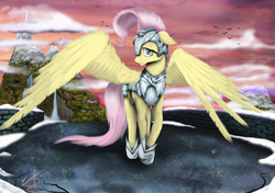 Size: 6128x4320 | Tagged: safe, artist:vinicius040598, fluttershy, g4, absurd resolution, armor, female, mountain, scenery, solo, twilight (astronomy)