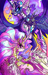 Size: 500x773 | Tagged: safe, artist:corrsollarobot, nightmare moon, princess celestia, g4, armor, fight, guardians of harmony, toy interpretation