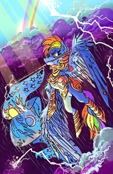 Size: 600x927 | Tagged: safe, artist:corrsollarobot, rainbow dash, g4, armor, badass, female, flag, lightning, mouth hold, rain, rainbow, solo, stormcloud