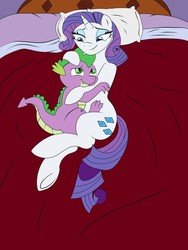 Size: 960x1280 | Tagged: safe, artist:marcushunter, rarity, spike, g4, bed, cuddling, female, male, ship:sparity, shipping, snuggling, straight