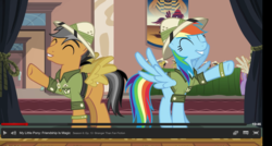 Size: 1607x863 | Tagged: safe, screencap, peach fuzz, quibble pants, rainbow dash, earth pony, pegasus, pony, g4, stranger than fan fiction, clothes, eyes closed, fake wings, female, grin, hat, male, mare, netflix, smiling, spread wings, stallion