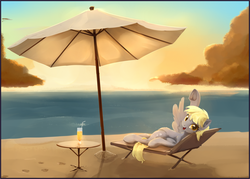 Size: 1680x1200 | Tagged: safe, artist:scootiebloom, derpy hooves, pegasus, pony, g4, beach, crepuscular rays, digital painting, drink, female, looking at you, mare, ocean, solo, sunlight, sunset, umbrella, underhoof, water, waving