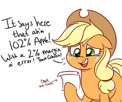 Size: 1167x979 | Tagged: safe, artist:notenoughapples, applejack, earth pony, pony, g4, crying, dialogue, dna test, female, hoof hold, mare, open mouth, paper, parody, simple background, smiling, solo, tears of joy, the boondocks, wat, white background