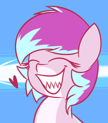 Size: 1025x1157 | Tagged: safe, artist:mr-degration, oc, oc only, oc:pearly whites, original species, shark pony, bust, eyes closed, heart, sharp teeth, smiling, solo