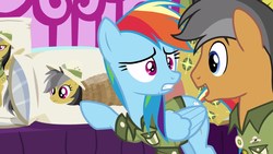 Size: 1920x1080 | Tagged: safe, screencap, daring do, quibble pants, rainbow dash, earth pony, pegasus, pony, g4, season 6, stranger than fan fiction, body pillow, clothes, daring daki, female, frown, gritted teeth, male, mare, open mouth, pointing, raised hoof, shirt, smiling, stallion, varying degrees of want, wide eyes, you know for kids