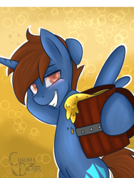 Size: 1200x1600 | Tagged: safe, artist:chromadraws, oc, oc only, alicorn, pony, alicorn oc, birthday gift, blushing, cider, drunk, solo