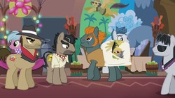Size: 1920x1080 | Tagged: safe, screencap, biff, daring do, doctor caballeron, rogue (g4), spotlight show, withers, earth pony, pony, g4, stranger than fan fiction, bedroom eyes, body pillow, carrying, daring daki, frown, glare, henchmen, lidded eyes, male, mooks, raised hoof, smiling, smirk, stallion