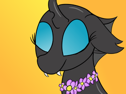 Size: 1280x960 | Tagged: safe, artist:properconduct, oc, oc only, oc:kala'loa, changeling, changeling oc, eyelashes, fangs, female, flower, happy, horn, lei, portrait, smiling, solo