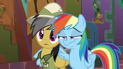 Size: 1920x1080 | Tagged: safe, screencap, daring do, rainbow dash, pegasus, pony, g4, stranger than fan fiction, faic, hug, rainbow dash is best facemaker, reaction, smug, smugdash, winghug