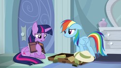 Size: 1920x1080 | Tagged: safe, screencap, rainbow dash, twilight sparkle, alicorn, pony, g4, stranger than fan fiction, book, duo, suitcase, twilight sparkle (alicorn)