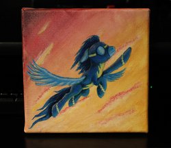 Size: 1280x1107 | Tagged: safe, artist:horseez, soarin', pony, g4, acrylic painting, clothes, flying, irl, photo, sky, solo, spread wings, traditional art, wonderbolts, wonderbolts uniform