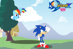 Size: 900x600 | Tagged: safe, artist:trungtranhaitrung, rainbow dash, g4, cloud, crossover, hasbro, logo, male, ponyville, sega, sonic the hedgehog, sonic the hedgehog (series), tree