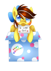 Size: 1626x2256 | Tagged: safe, artist:scarlet-spectrum, oc, oc only, oc:deezy, blushing, happy birthday, i love you, mouth hold, present, simple background, solo, transparent background