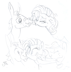 Size: 1404x1415 | Tagged: dead source, safe, artist:jeffmartinez, applejack, cletus, rarity, earth pony, mule, pony, unicorn, g4, color me, exclamation point, eyes closed, female, forced kiss, interspecies, kiss on the lips, kissing, male, monochrome, now kiss, pencil drawing, pushing, shipping, shrunken pupils, straight, surprise kiss, surprised, traditional art, wide eyes
