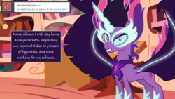 Size: 1280x720 | Tagged: safe, artist:hakunohamikage, twilight sparkle, pony, ask-princesssparkle, equestria girls, g4, dialogue, female, midnight sparkle, princess midnight, solo, twilight sparkle (alicorn), tyrant sparkle