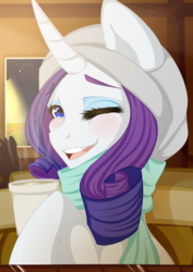 Size: 1240x1753 | Tagged: dead source, safe, artist:potates-chan, rarity, g4, clothes, coffee, female, hat, one eye closed, scarf, solo