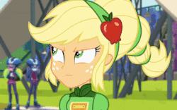 Size: 570x355 | Tagged: safe, applejack, fluttershy, lemon zest, sunny flare, equestria girls, g4, my little pony equestria girls: friendship games, angry, animated, cropped, female