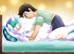 Size: 1289x946 | Tagged: safe, artist:vavacung, princess celestia, human, pony, g4, bed, blanket, blushing, clothes, cute, cutelestia, duo, eye contact, frown, glare, gritted teeth, human on pony action, interspecies, looking at each other, male, missing accessory, on back, pants, pinned, shirt, stranger danger, underhoof, wide eyes