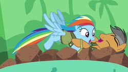 Size: 1600x900 | Tagged: safe, screencap, quibble pants, rainbow dash, earth pony, pegasus, pony, g4, stranger than fan fiction, ball pit, duo, female, male, mare, rock pit, shipping fuel, stallion, tackle