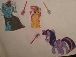 Size: 2592x1944 | Tagged: safe, artist:magicnova, derpibooru exclusive, sunset shimmer, trixie, twilight sparkle, alicorn, pony, g4, alicorn amulet, cape, clothes, lightsaber, magic aura, signature, sith, star wars, this will end in tears and/or death, traditional art, twilight sparkle (alicorn), twilight's counterparts, weapon