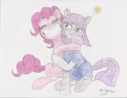 Size: 2193x1700 | Tagged: safe, artist:semijuggalo, maud pie, pinkie pie, earth pony, pony, g4, big grin, blushing, duo, family, grin, hug, pie sisters, smiley face, smiling, toothy grin, traditional art