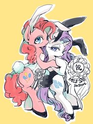 Size: 650x866 | Tagged: safe, artist:wan, pinkie pie, rarity, pony, g4, bunny ears, bunny suit, clothes, cute, diapinkes, female, leotard, lesbian, mare, playboy, playboy bunny, ship:raripie, shipping, shoes