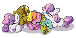 Size: 4400x2192 | Tagged: dead source, safe, artist:mississippikite, sun glimmer, sunny daze, sweetie belle, earth pony, pony, unicorn, g4, alternate eye color, cuddle puddle, cuddling, cute, diasweetes, gold, luster dust, multeity, pony pile, race swap, self ponidox, simple background, sweetie gold, white background