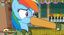 Size: 1654x923 | Tagged: safe, screencap, quibble pants, rainbow dash, earth pony, pegasus, pony, g4, stranger than fan fiction, boop, discovery family logo, female, hoof over mouth, male, mare, out of context, stallion