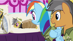Size: 1920x1080 | Tagged: safe, screencap, daring do, quibble pants, rainbow dash, earth pony, pegasus, pony, g4, season 6, stranger than fan fiction, body pillow, burrito, daring daki, female, food, frown, male, mare, open mouth, rope, smiling, stallion, tied up, wide eyes, you know for kids