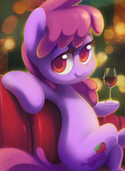Size: 840x1155 | Tagged: safe, artist:dawnfire, berry punch, berryshine, g4, alcohol, berrybetes, bokeh, colored pupils, crossed legs, female, glass, hoof hold, looking at you, sitting, smiling, solo, underhoof, wine, wine glass