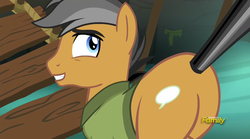 Size: 1406x783 | Tagged: safe, screencap, quibble pants, earth pony, pony, g4, stranger than fan fiction, butt, cute, discovery family logo, male, out of context, plot, quibble butts, quibblebetes, stallion, tail pull