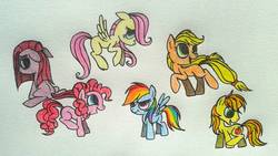 Size: 1137x640 | Tagged: safe, artist:pinkamenacheshirepie, applejack, braeburn, fluttershy, pinkie pie, rainbow dash, g4, pinkamena diane pie, traditional art