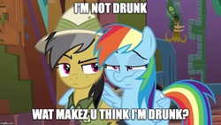 Size: 884x500 | Tagged: safe, edit, edited screencap, screencap, daring do, rainbow dash, g4, my little pony: friendship is magic, stranger than fan fiction, blatant lies, drunk, drunker dash, faic, image macro, meme, rainbow dash is best facemaker