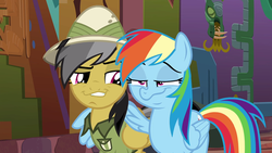 Size: 853x480 | Tagged: safe, edit, edited screencap, screencap, daring do, rainbow dash, g4, stranger than fan fiction, dash face, faic, hug, meme, rainbow dash is best facemaker, smug, smugdash, winghug