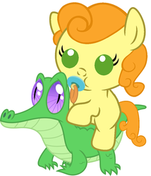 Size: 786x917 | Tagged: safe, artist:red4567, carrot top, golden harvest, gummy, pony, g4, baby, baby pony, carrot top riding gummy, cute, cutie top, pacifier, ponies riding gators, riding, weapons-grade cute