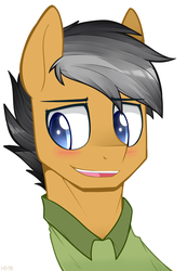 Size: 1636x2371 | Tagged: safe, artist:higglytownhero, quibble pants, earth pony, pony, g4, stranger than fan fiction, blushing, bust, colored pupils, male, portrait, simple background, solo, stallion, white background
