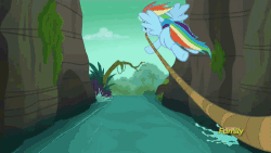 Size: 500x281 | Tagged: safe, screencap, quibble pants, rainbow dash, earth pony, pegasus, pony, g4, stranger than fan fiction, animated, discovery family logo, duo, female, male, mare, rope, stallion, tree, waterfall
