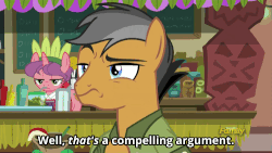 Size: 500x281 | Tagged: safe, screencap, carrot bun, quibble pants, earth pony, pony, unicorn, g4, stranger than fan fiction, animated, discovery family logo, female, male, mare, reaction image, sarcasm, stallion, subtitles