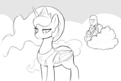 Size: 1280x857 | Tagged: safe, artist:starykrow, princess celestia, oc, oc:anon, human, g4, /mlp/, bridle, bush, explicit source, hiding, monochrome, saddle, sweat, this will end in tears and/or death
