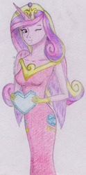 Size: 595x1200 | Tagged: safe, artist:marta4708, princess cadance, human, g4, crystal heart, female, horn, horned humanization, humanized, one eye closed, pony coloring, solo, traditional art