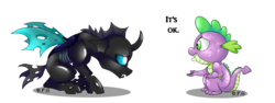 Size: 1600x600 | Tagged: safe, artist:dragonfoxgirl, spike, thorax, changeling, g4, the times they are a changeling, duo, eye contact, fangs, frown, open mouth, simple background, sitting, smiling, transparent background
