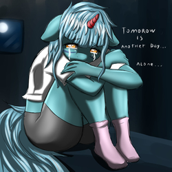 Size: 3000x3000 | Tagged: safe, artist:sixpathsoffriendship, oc, oc only, oc:safesleep, anthro, bed, clothes, crying, five nights at freddy's, five nights at freddy's 4, high res, lonely, moon, sad, socks, solo, text