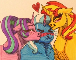 Size: 1280x1009 | Tagged: safe, artist:lorelei, starlight glimmer, sunset shimmer, trixie, pony, unicorn, blushing, cheek kiss, female, fluffy, flustered, heart, kiss sandwich, kissing, lesbian, magical trio, mare, scrunchy face, shimmerglimmer, shipping, startrix, startrixset, suntrix, sweat, traditional art, tsunderixie, twilight's counterparts
